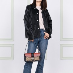 蔻驰（COACH） 奢侈品 女士中号单肩手提包卡其配红色PVC配皮 5605 IMRL7